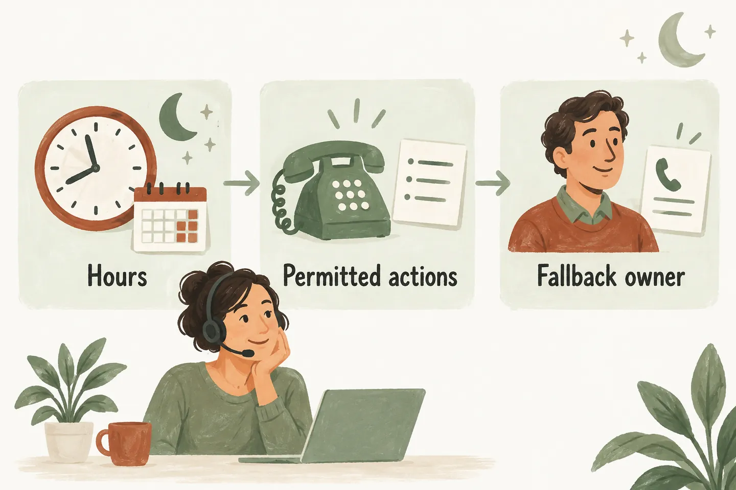 Three connected cards show coverage hours, permitted call actions and the staff member responsible for follow-up.