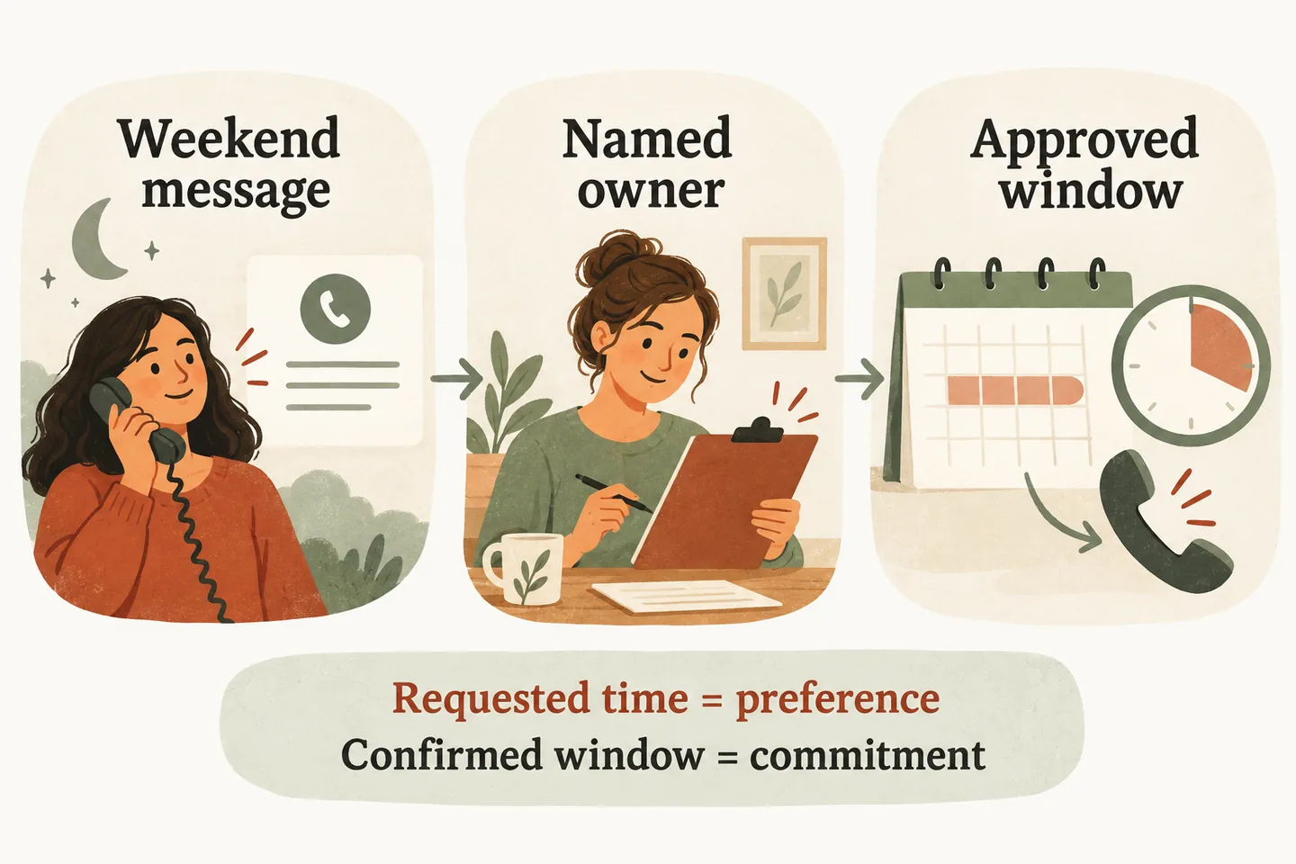 A weekend message passes to a named staff owner and an approved callback window; a requested time remains a preference.