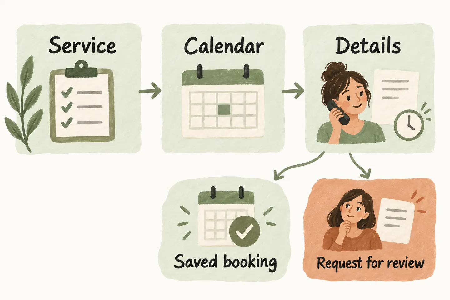 Service, calendar and caller-detail checks lead to either a saved booking or a request for human review.