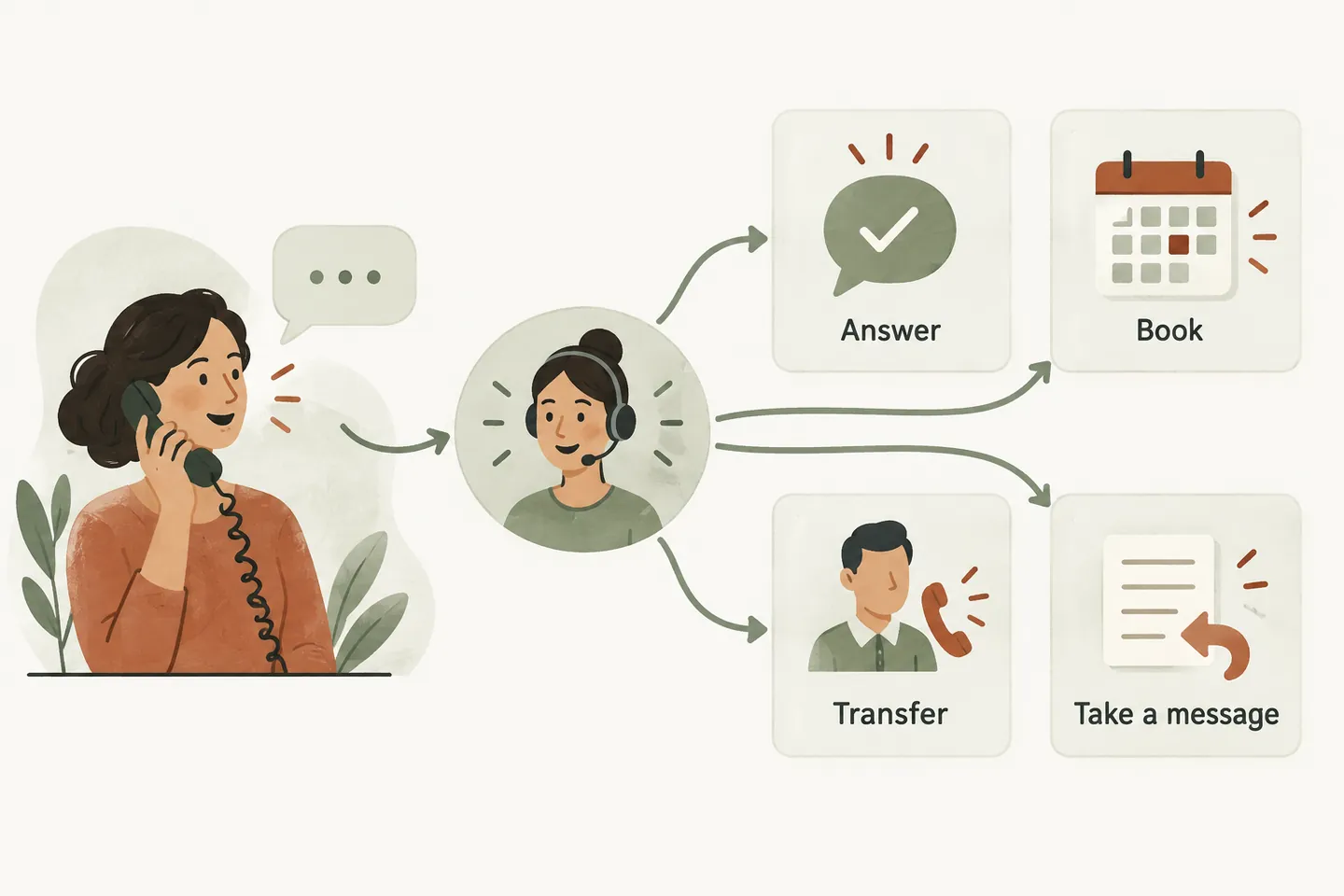 A phone enquiry branches into four possible outcomes: an approved answer, a booking, a human transfer, or a message for callback.