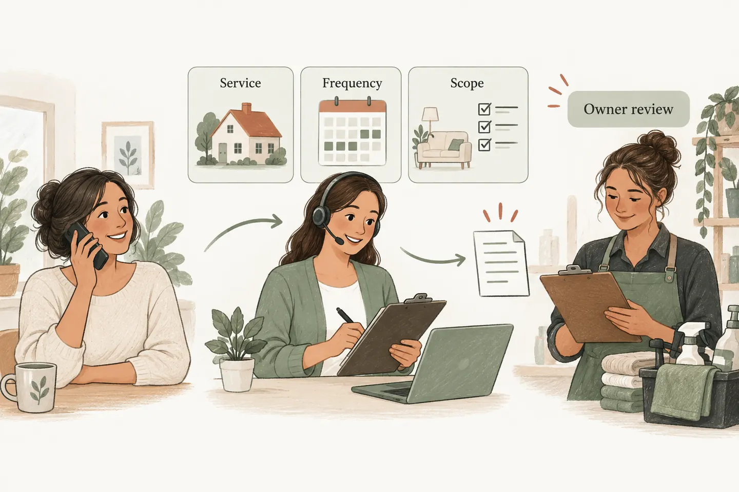 A caller and receptionist organize cleaning service, frequency and scope for an owner’s review.