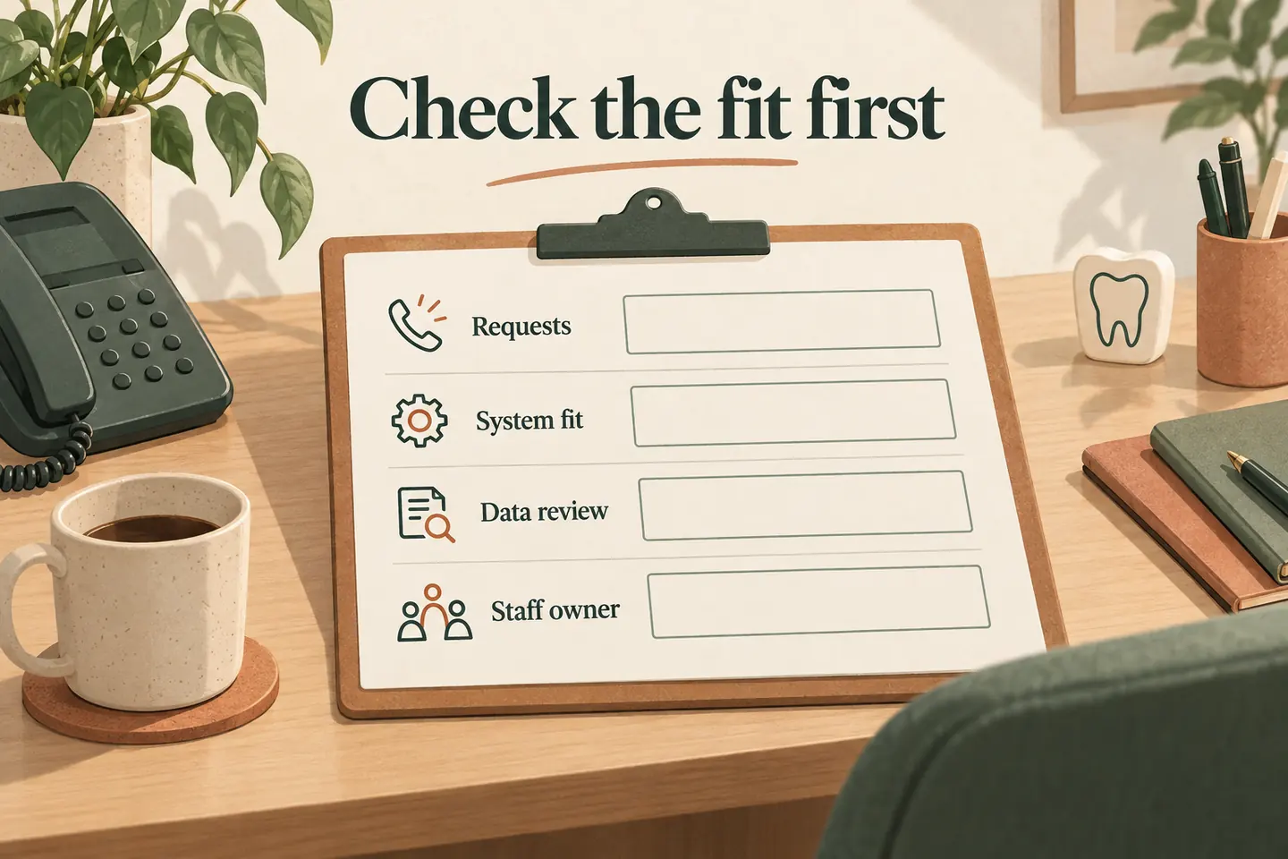 A clipboard on a practice-manager desk has blank evidence fields for requests, system fit, data review and staff ownership.
