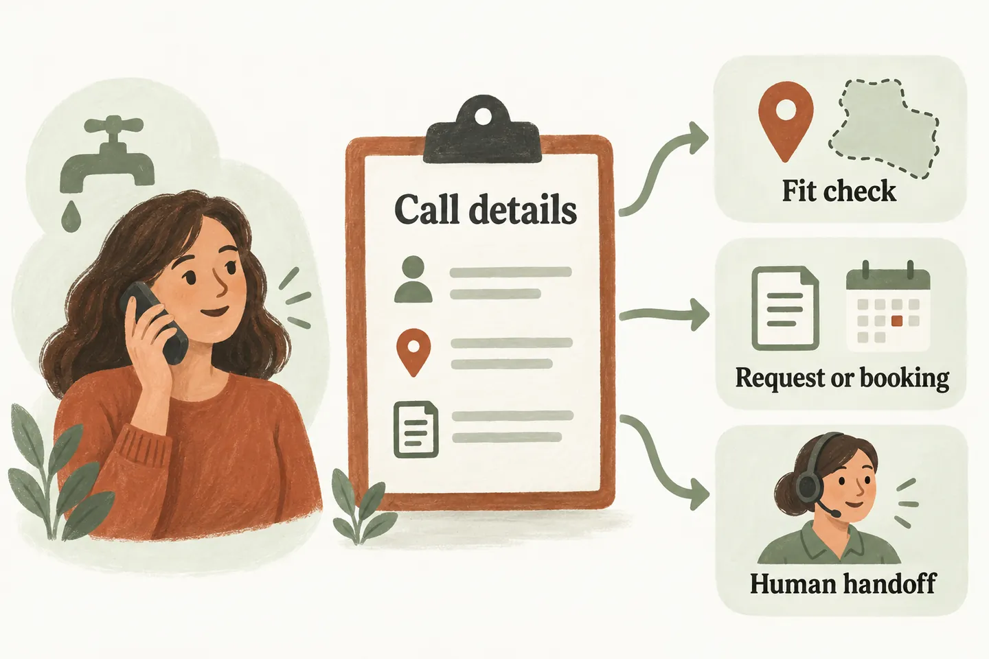 A caller’s details feed an intake clipboard with paths for a service-area fit check, a request or booking, and a human handoff.