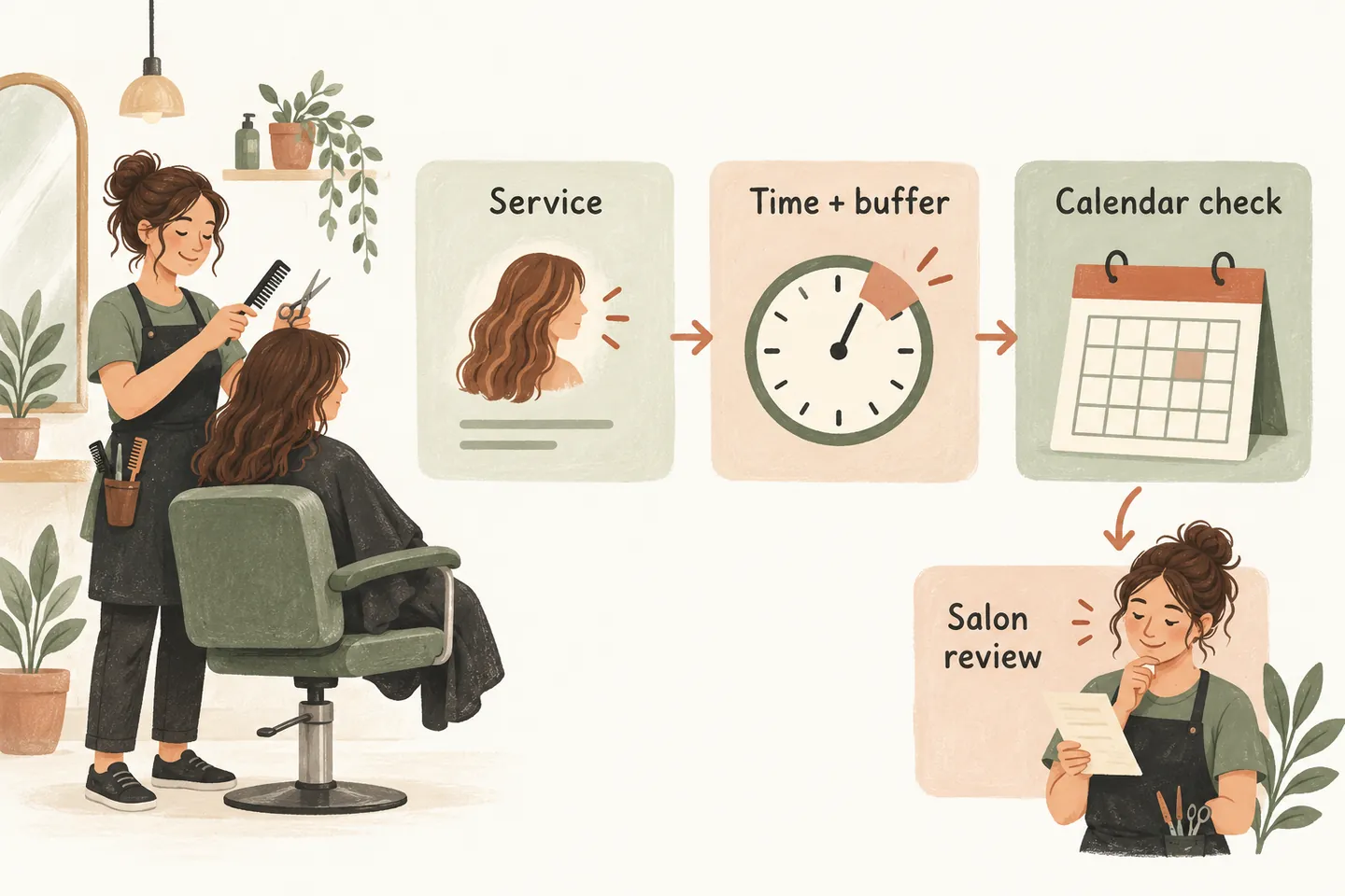 A salon service is checked against the time needed, a buffer and one calendar, with unclear requests referred to the stylist.