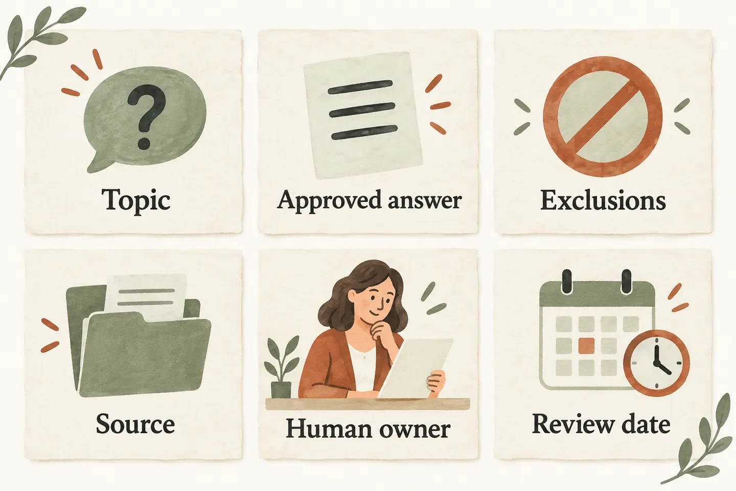 Six illustrated worksheet cards label topic, approved answer, exclusions, source, human owner and review date.