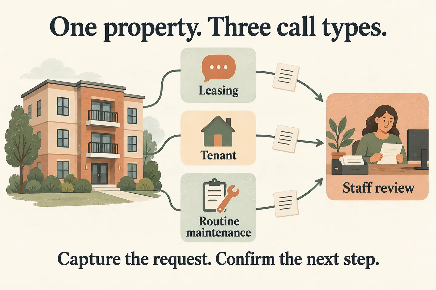 Calls from one property split into leasing, tenant and routine maintenance paths before staff review.