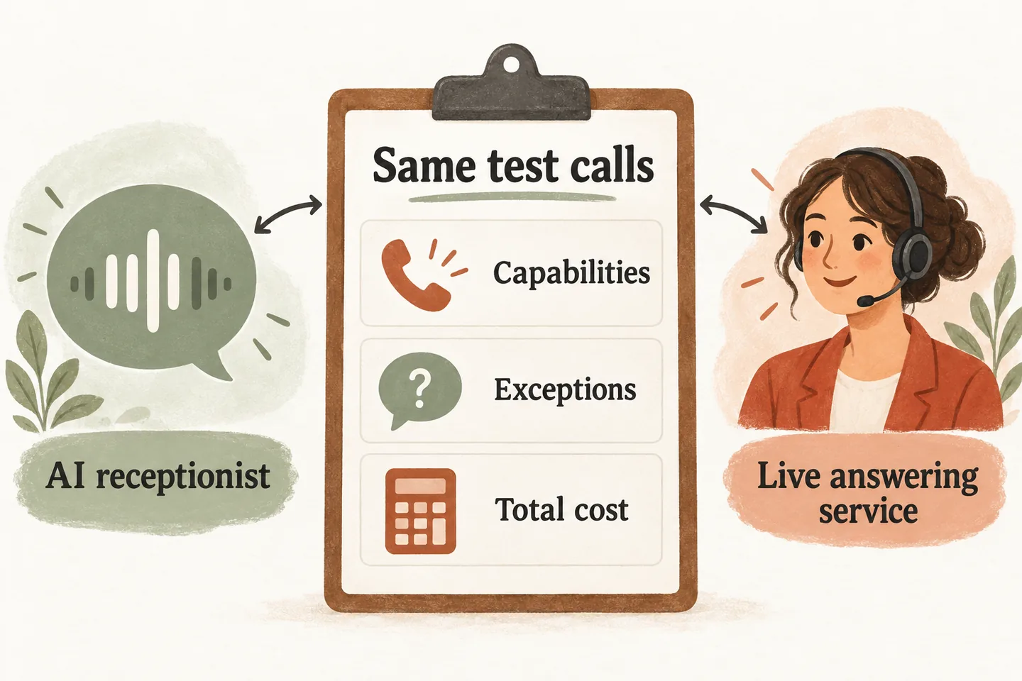 An AI voice waveform and a human receptionist both connect to the same test-call checklist for capabilities, exceptions and total cost.
