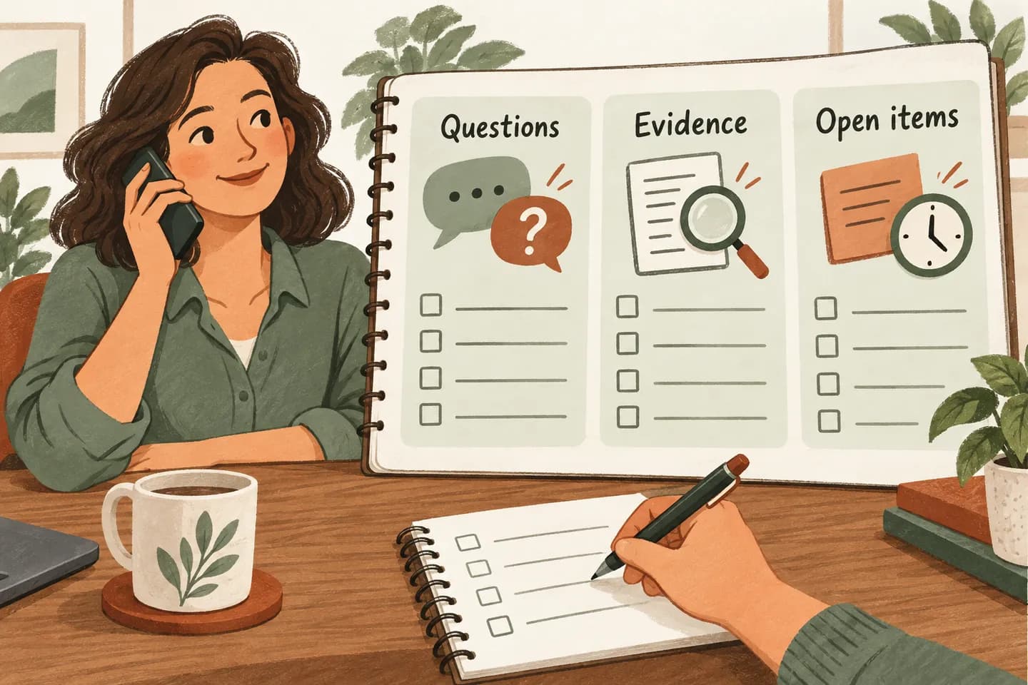 A business owner uses a sales-call worksheet with columns for questions, supporting evidence and open items.