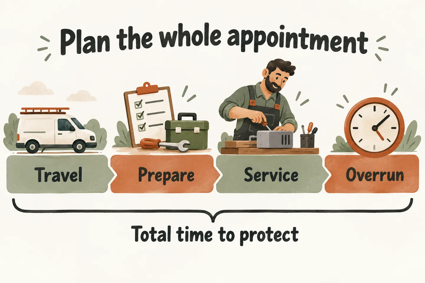 A planning timeline shows travel, preparation, service and overrun under a bracket marking the total time to protect.