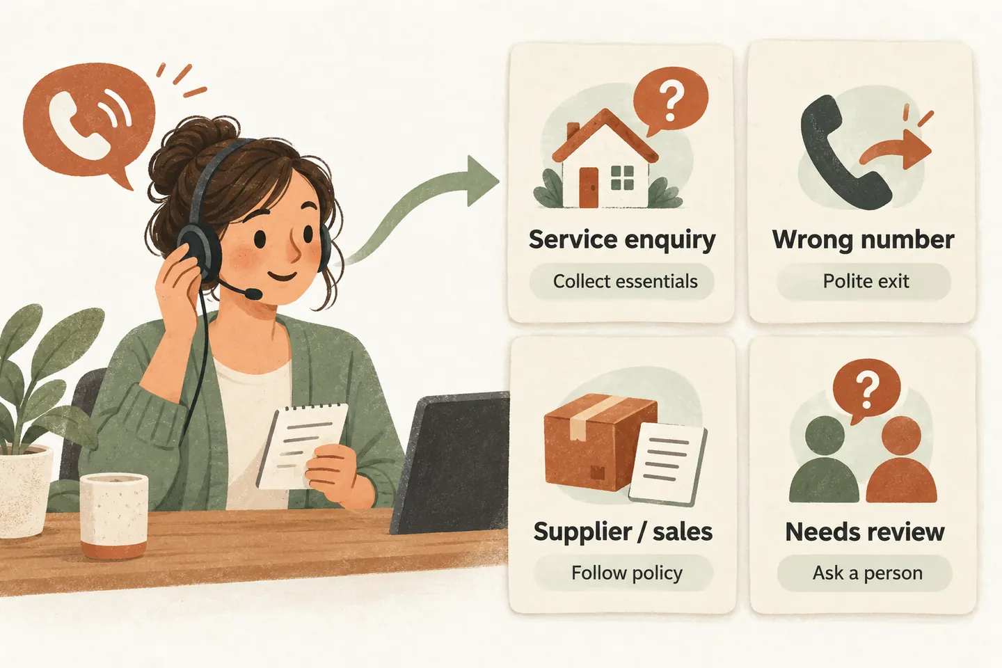 A headset receptionist uses four caller categories: service enquiry, wrong number, supplier or sales, and a request needing human review.