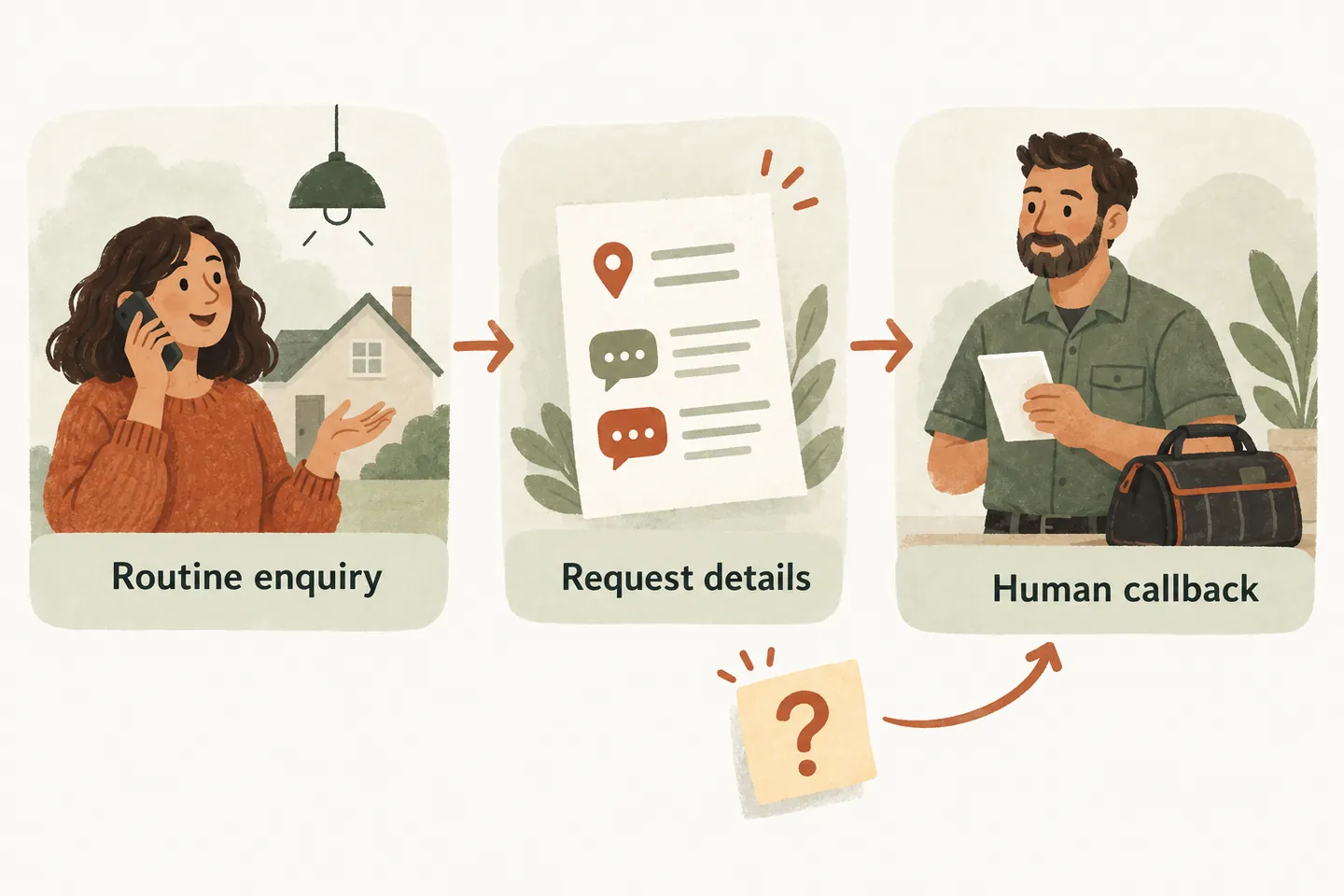 A routine electrical enquiry moves from request details to a human callback, with an unknown question also directed to the electrician.