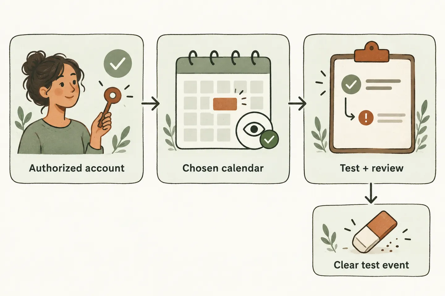 Account authorization, calendar selection and a test booking form three readiness checks before approved activation.