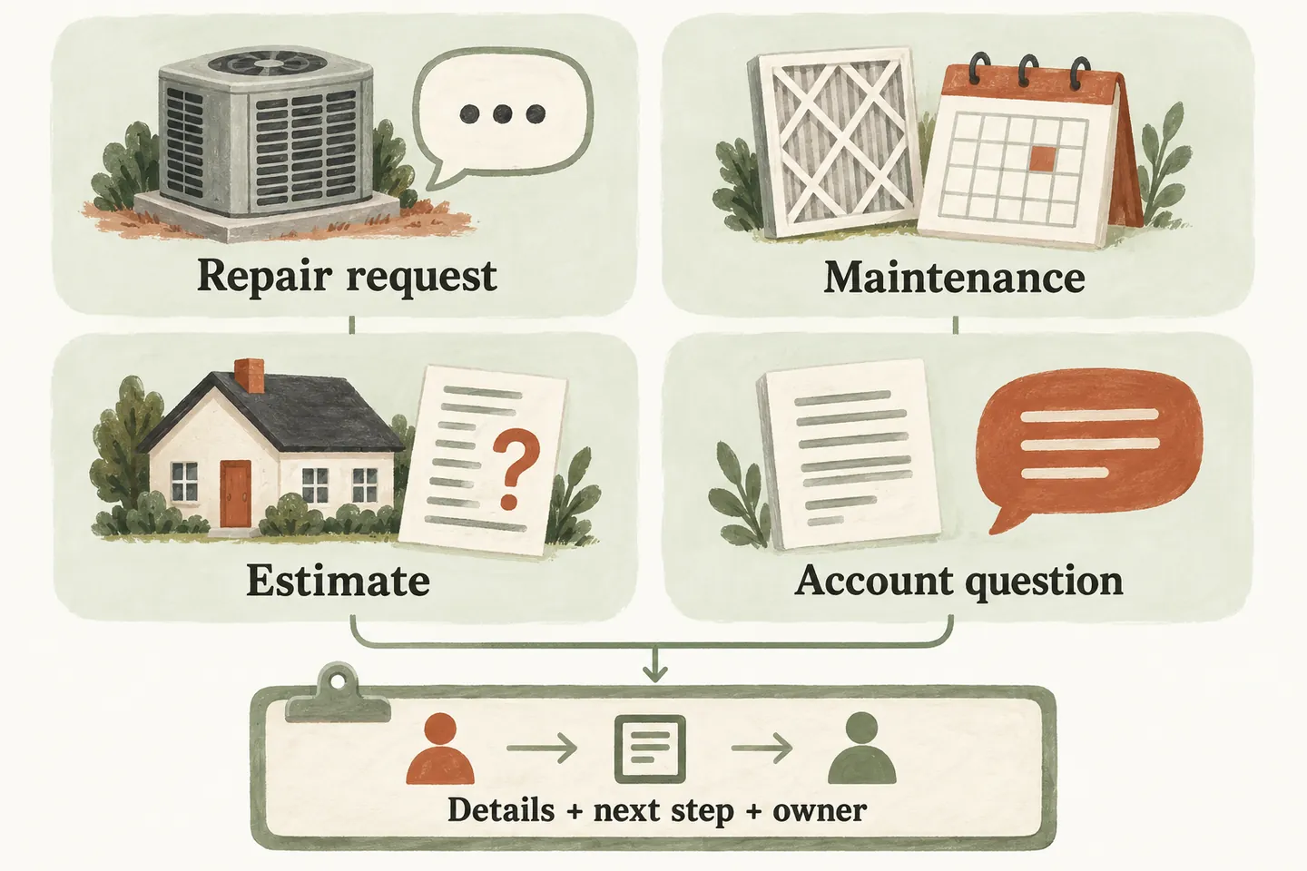 Four cards for repair, maintenance, estimates and account questions lead to a shared record of caller details, next step and owner.