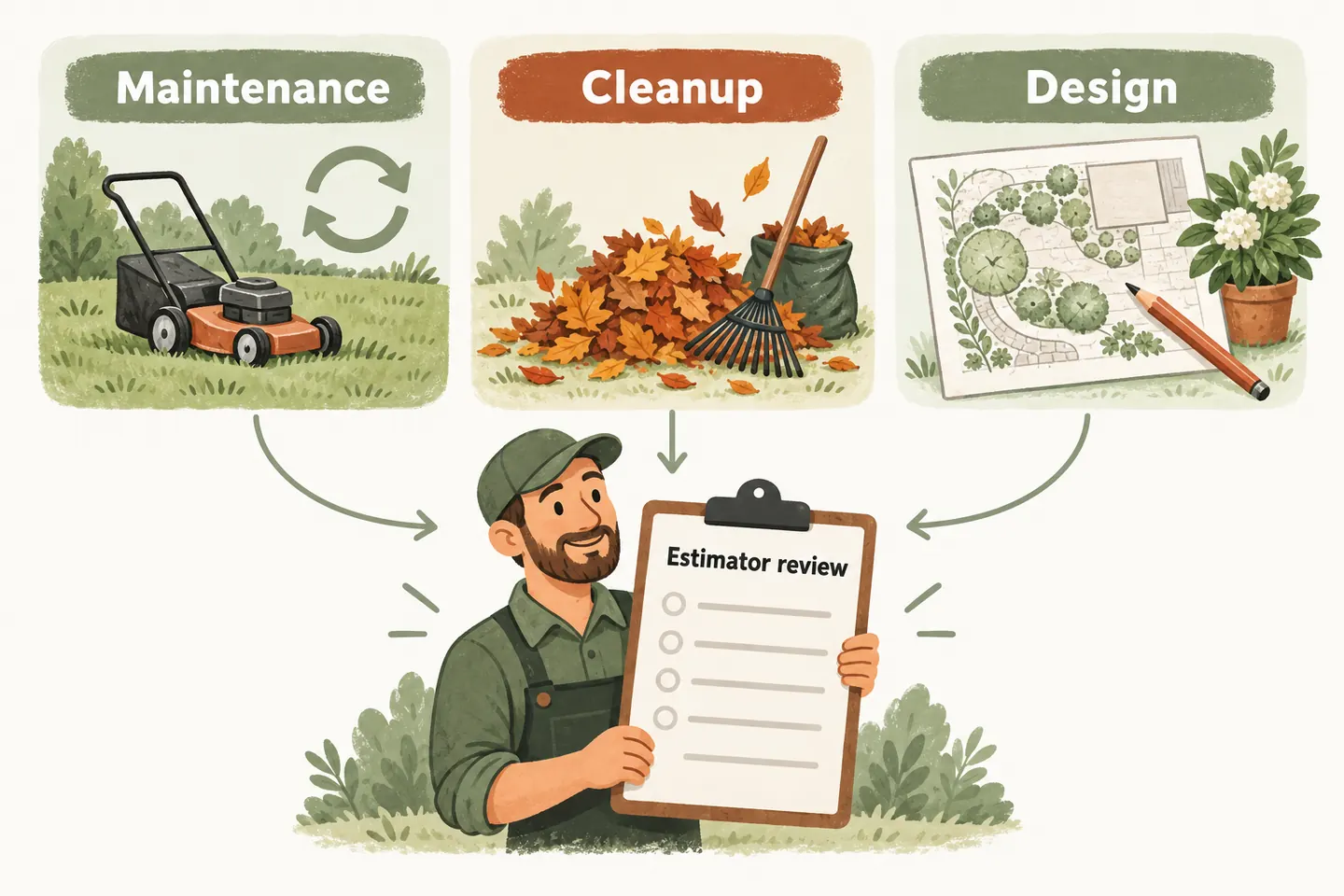 Maintenance, cleanup and design request cards lead to one estimator-review clipboard for a landscaping business.