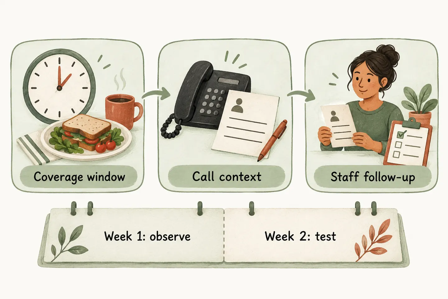 A lunch coverage window leads to captured call details and staff follow-up, with one week of observation followed by one week of testing.