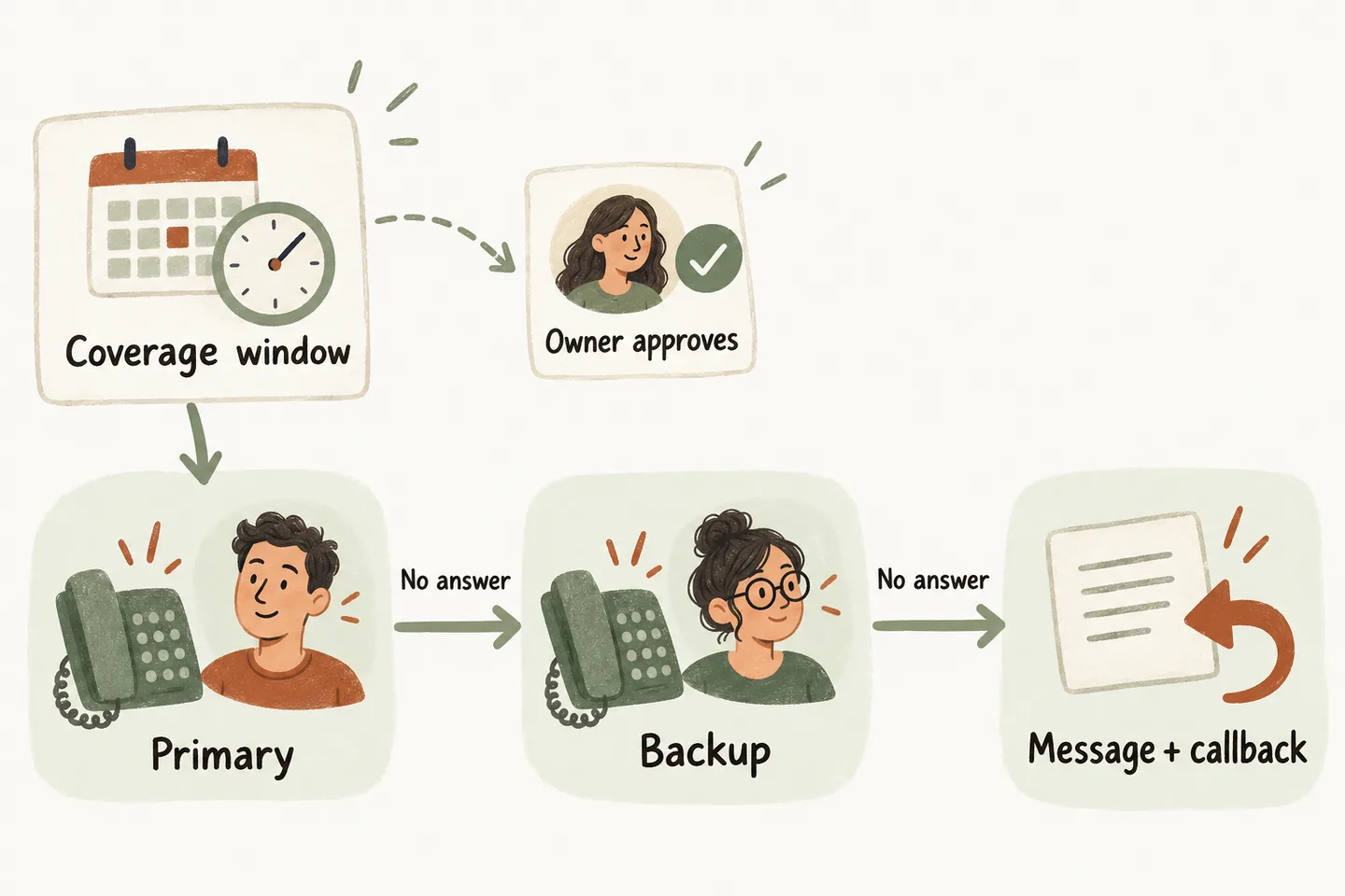 An approved coverage window leads to a primary contact, then a backup and a message-and-callback plan when calls go unanswered.