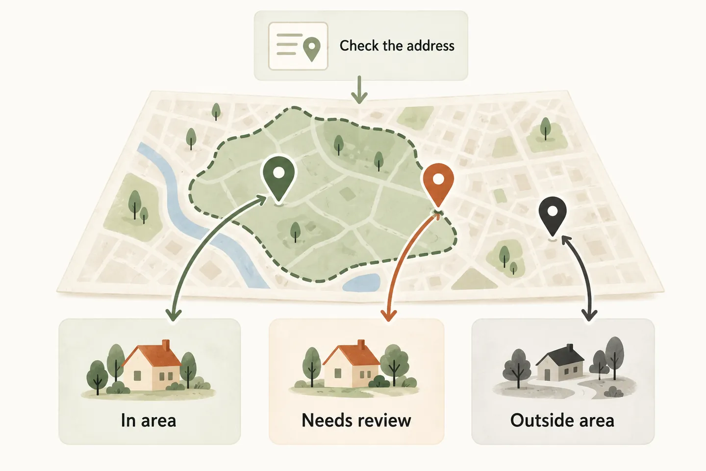 A fictional service-area map places one address inside the boundary, one at the boundary for review, and one outside the area.