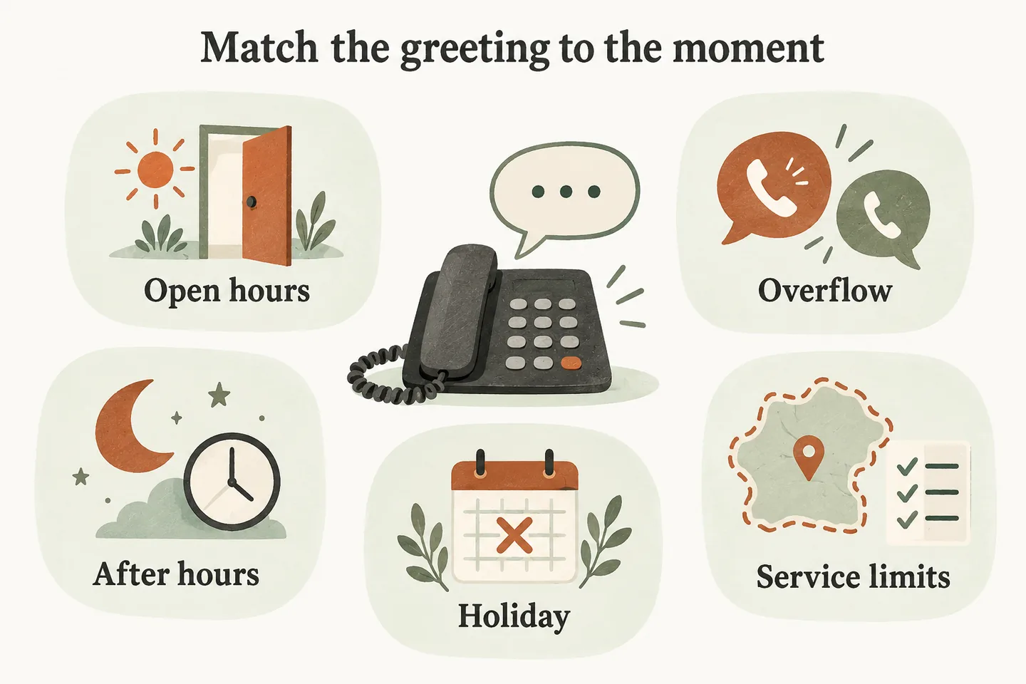 Five greeting choices surround a telephone: open hours, overflow, after hours, holiday and service limits.